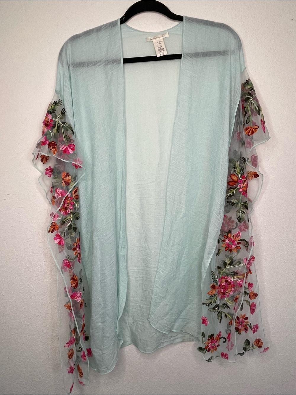 Do Everything in Love Women OS Kimono Mint Green Sheer Boho Embroidered Romantic